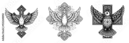A beautiful dove is depicted alongside a Christian cross icon in this modern illustration