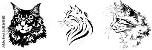 This picture shows a lovely cat illustration, featuring the cat's head in a monochrome silhouette style, with fluffy fur, presented as a stencil and also including a kitten silhouette, which can be