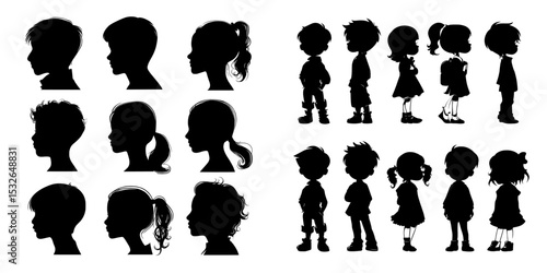 A collection of modern silhouettes featuring boys and girls is available, showcasing young children and teenagers with diverse hairstyles in isolated black form