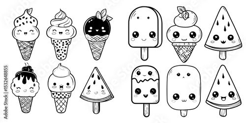 The ice cream black glyph set features chocolate, vanilla, cartoon ice cream cones, fruit, mint, and berry, all in kawaii style, as part of a summer collection of sweet food and splash icons,