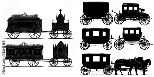 A modern silhouette of three distinct horse drawn hearse carriages