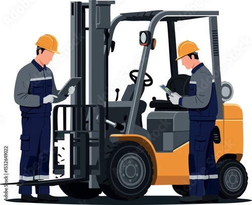Forklift with Two Workers in Safety Helmets Using Digital Devices in Industrial Setting 