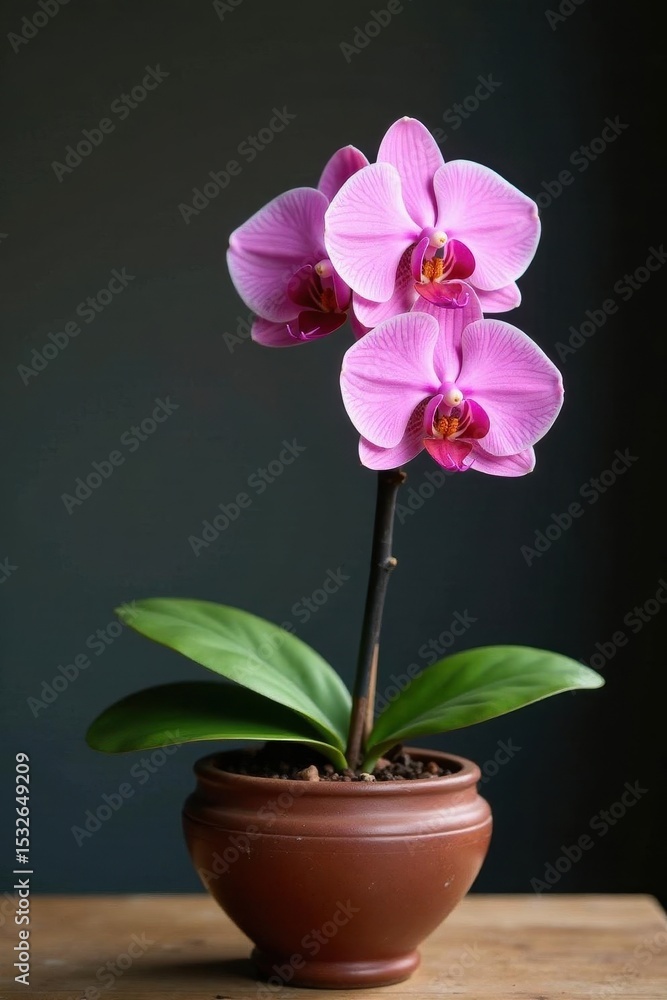 Obraz premium Delicate pink orchid branch blooms in rustic brown ceramic pot , blossom, floral