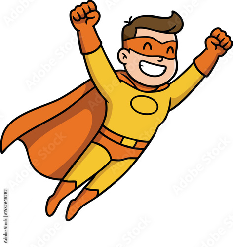 Superhero boy flying with cape and mask in bright orange and yellow costume vector illustration 
