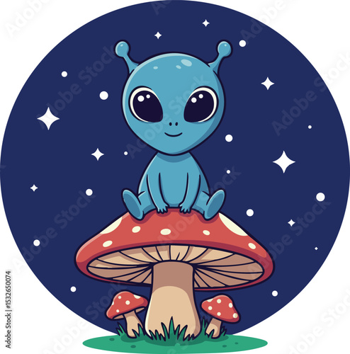 Cute blue alien sitting on red mushroom with white spots in starry night sky vector illustration 