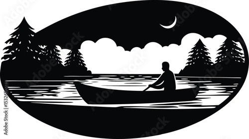 Silhouette Boatman is rowing the boat at night.