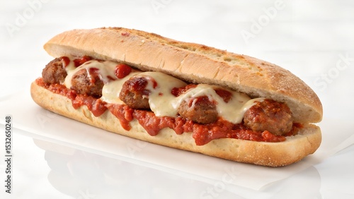 Whole meatball sub sandwich isolated white background studio food image