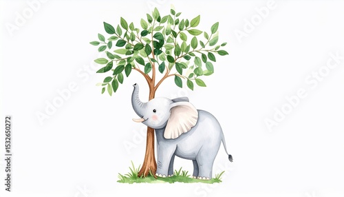 Adorable Baby Elephant near a Lush Green Tree: Watercolor Illustration