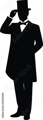 Silhouette of a man in top hat and bow tie saluting, symbolizing formality and traditional elegance