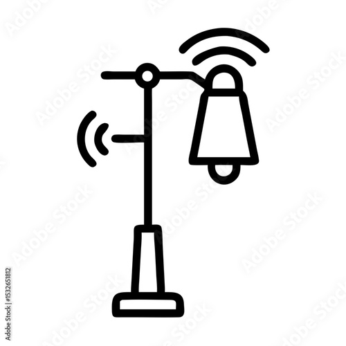 Outline icon of a smart lamp post transmitting wireless signals, symbolizing smart city lighting and connected urban infrastructure.
