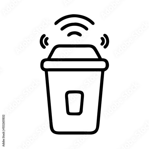Line icon of a smart trash bin equipped with wireless connectivity for smart waste management, monitoring, and automation systems.
