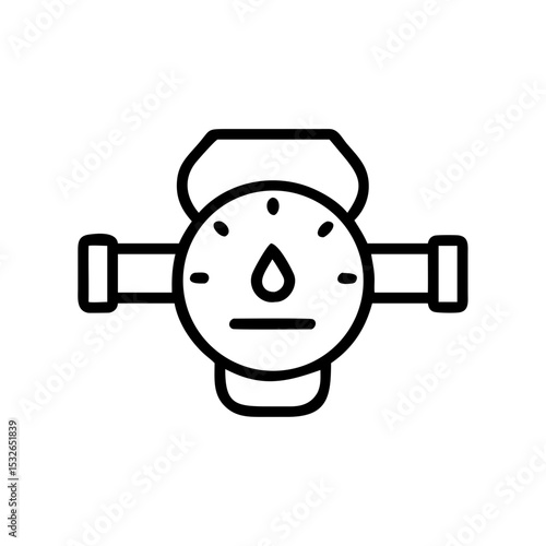Outline icon of a water meter with pipe connections, symbolizing water usage tracking, smart utility management, and plumbing systems.
