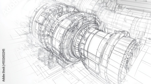 Wallpaper Mural Technical Blueprint of an Industrial Turbine Engine with Detailed Line Art Representations and Mechanical Components for Engineering and Design Applications Torontodigital.ca
