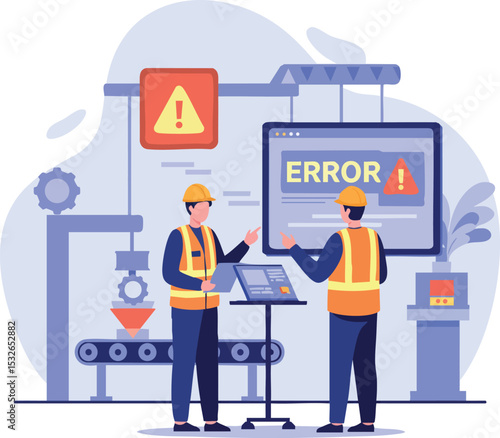 Factory workers managing machine error alert on industrial production line vector illustration 