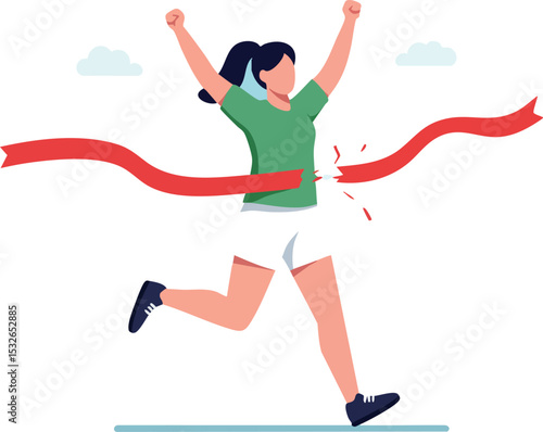 Woman crossing finish line running race victorious celebration vector illustration 