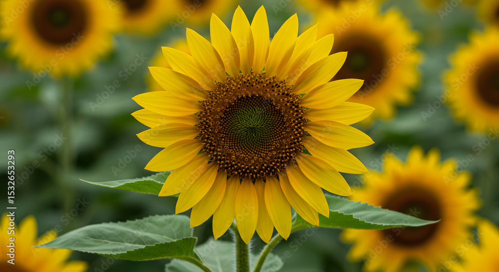 Close-Up of a Sunflower with Blurry Field of Sunflowers in Background Close-Up of a Sunflower with Blurry Field of Sunflowers in Background