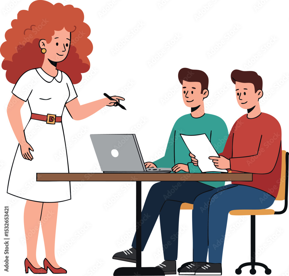Woman presenting and two men reviewing documents in office teamwork environment vector illustration Woman presenting and two men reviewing documents in office teamwork environment vector illustration