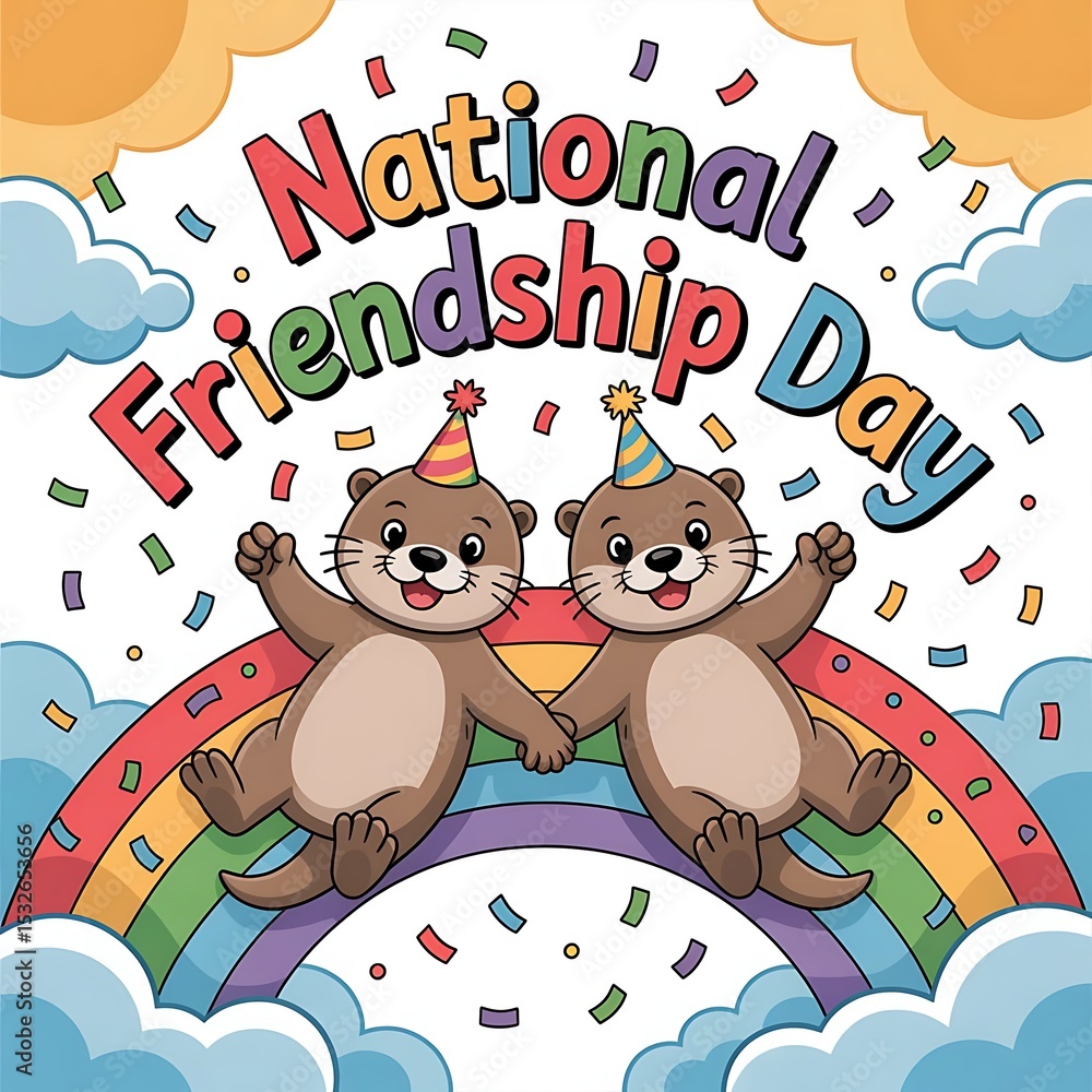 Obraz premium Colorful illustration of two cartoon otters celebrating national friendship day