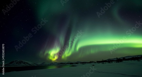 Wallpaper Mural Vibrant green and purple aurora borealis illuminates the night sky above a snow-covered landscape Torontodigital.ca