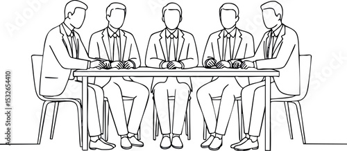 Businessmen sitting around table in meeting discussing corporate strategy vector illustration 