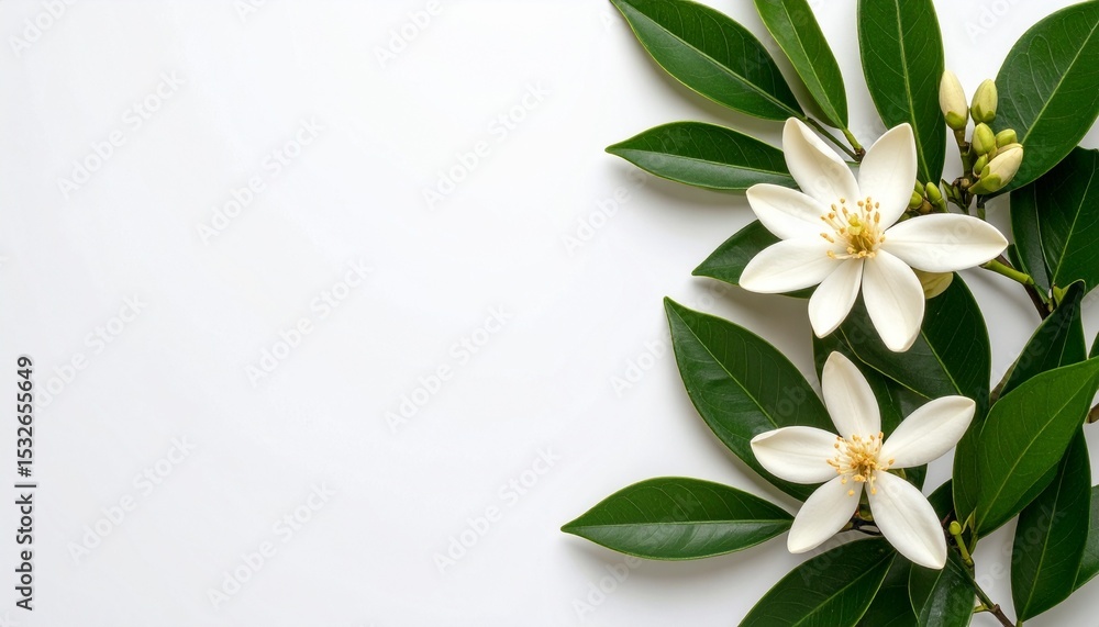 Fototapeta premium Fresh Green Leaves with Fragrant Flowers on White Background