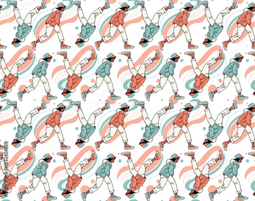 Seamless repeating pattern of walking boy in retro outfit with leaves and vintage motifs in soft pastel tones, perfect for nostalgic decor. Vector illustration.