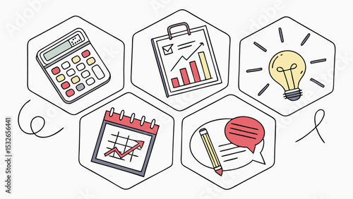 Illustration of business and finance icons in hexagon shapes including calculator and calendar images