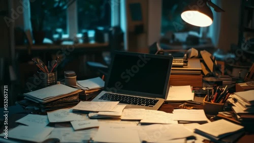 Creative Workspace with Laptop and Papers, Perfect for Study and Inspiration