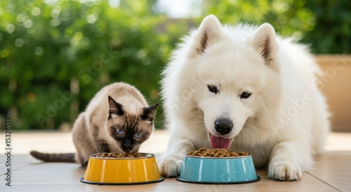 Wallpaper Mural A fluffy white dog and a Siamese cat share a meal outdoors, enjoying their food from separate bowls Torontodigital.ca
