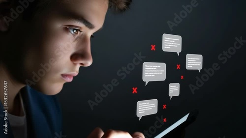 Cyber Bullying Harassment of a Teen Boy Staring at Hurtful Messages on Digital Screen
