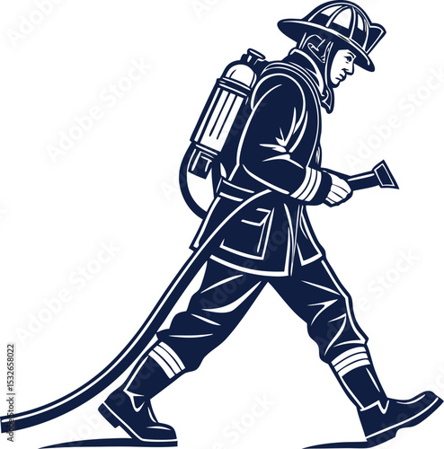  Silhouette of an American firefighter walking with a hose, heroic pose,