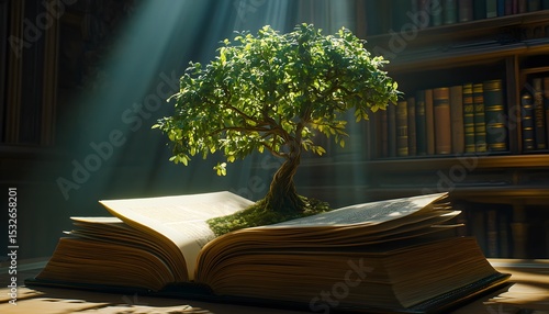 Illuminated bonsai tree atop an open book.