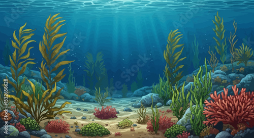 Vibrant Underwater Kelp Forest Scene Digital Illustration