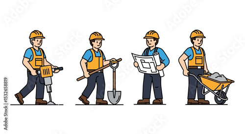 Construction Workers Illustration Set of Four Diverse Workers
