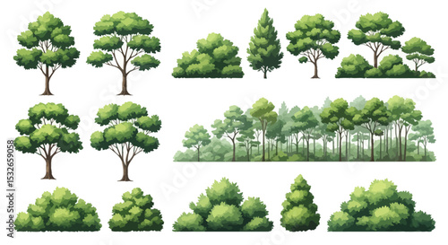 Collection of Lush Green Trees and Bushes Pixel Art Forest Elements