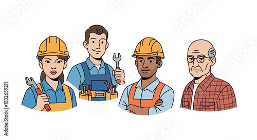 Diverse Team of Skilled Construction Workers and Experienced Foreman Illustration