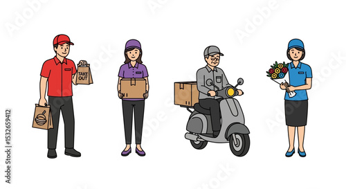 Diverse Delivery Workers Food, Packages, and Flowers Illustration