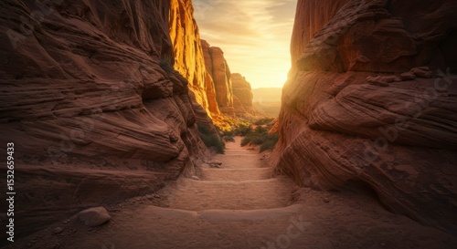 Sunlit canyon path descends between towering sandstone walls, leading towards a distant light