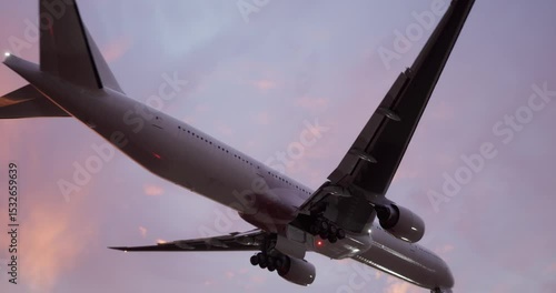 Close-up of Large airliner with passengers on purple sky is landing at airport of bright sunset on sunny summer day. Go Everywhere.