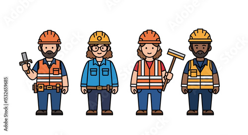 Diverse Team of Construction Workers Illustration of Male and Female Professionals