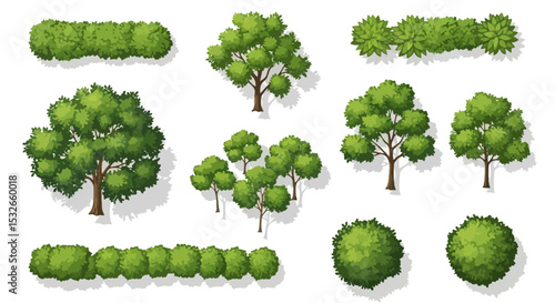 Top View Collection of Lush Green Trees and Bushes for Landscape Design