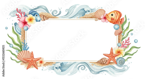 Ocean Watercolor Frame Summer Seashell, Fish, and Flower Border