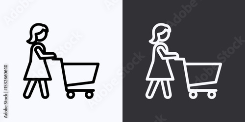 Woman Pushing Shopping Cart Icon – Black and White Version
