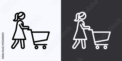Woman Pushing Shopping Cart Icon – Black and White Version