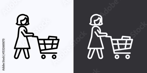 Woman Pushing Shopping Cart Icon – Black and White Version