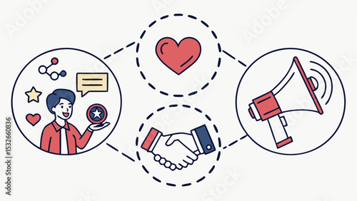 Illustration showing a person with symbols of networking, love, handshake, and communication tools