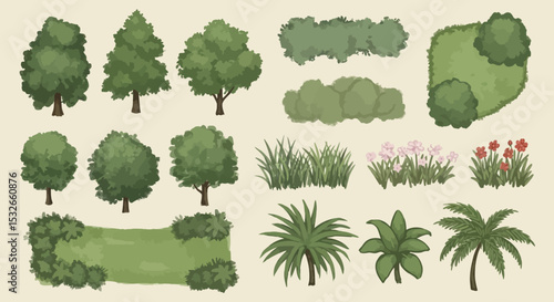 Collection of Hand-Drawn Trees, Shrubs, and Plants Landscape Design Elements