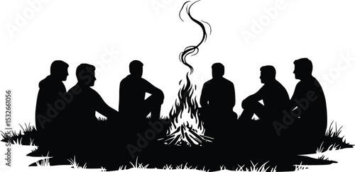 A group of silhouetted figures gathered in a circle around a campfire with smoke, symbolizing unity and warmth

