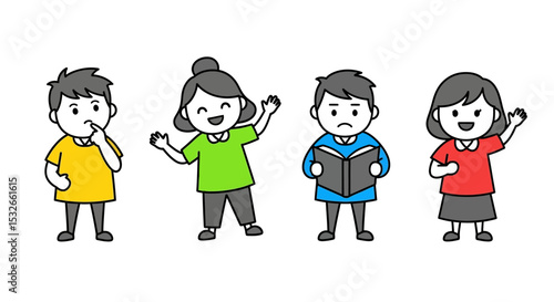 Diverse Children Illustrations Happy, Sad, Thinking, Reading - Cartoon Style Clipart