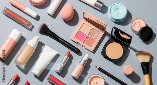 A stylish makeup kit featuring an eyeshadow palette, brushes, beauty blenders, red lipsticks, compact powders, and loose powder for a complete beauty routine.